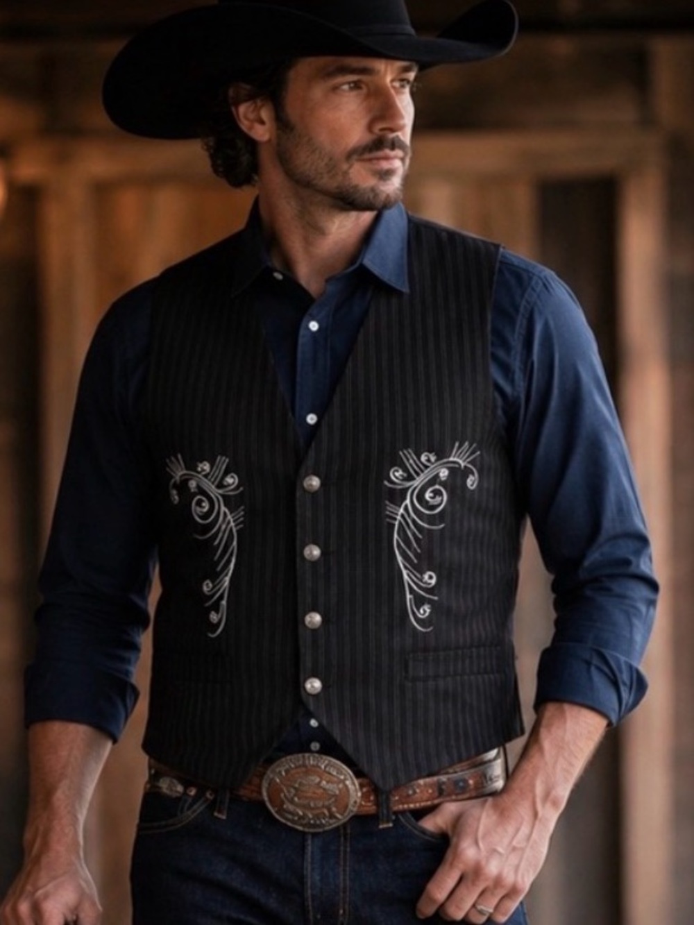 VTG Patroncito Men's Black Pinstripe Vest with White Scrolled Embroidery, Sz XL